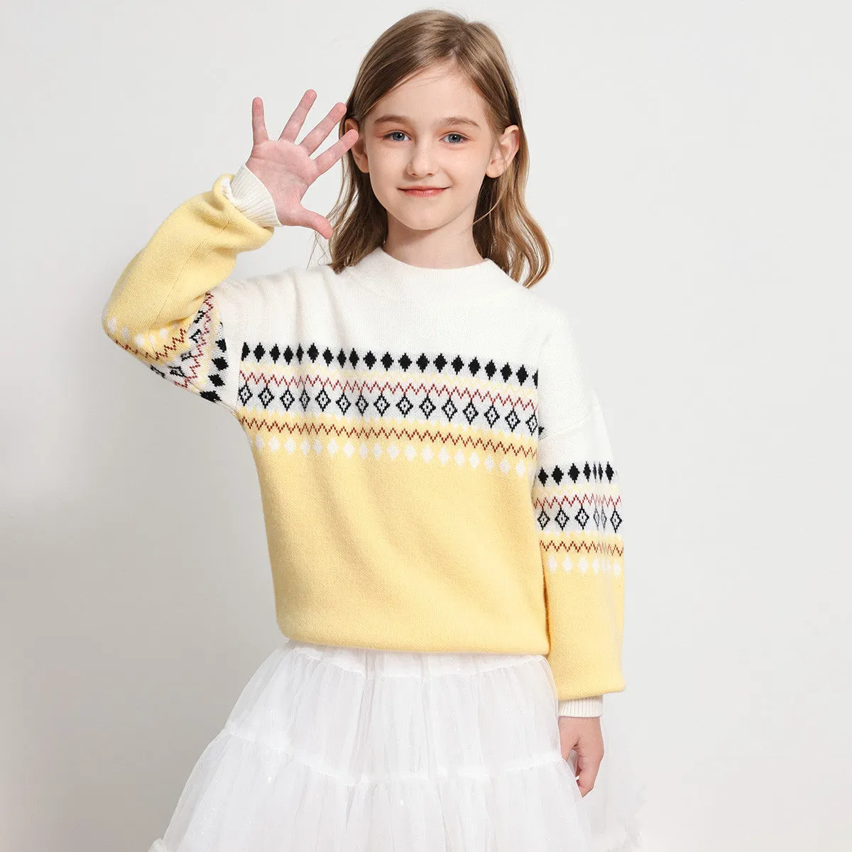 100% Wool Kids Mock Neck Jacquard Sweater