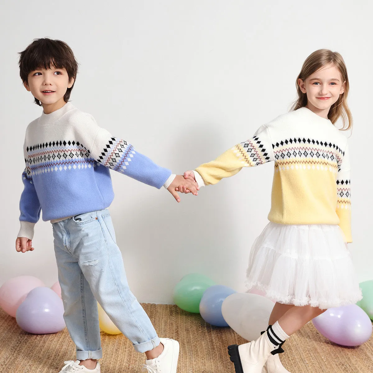 100% Wool Kids Mock Neck Jacquard Sweater