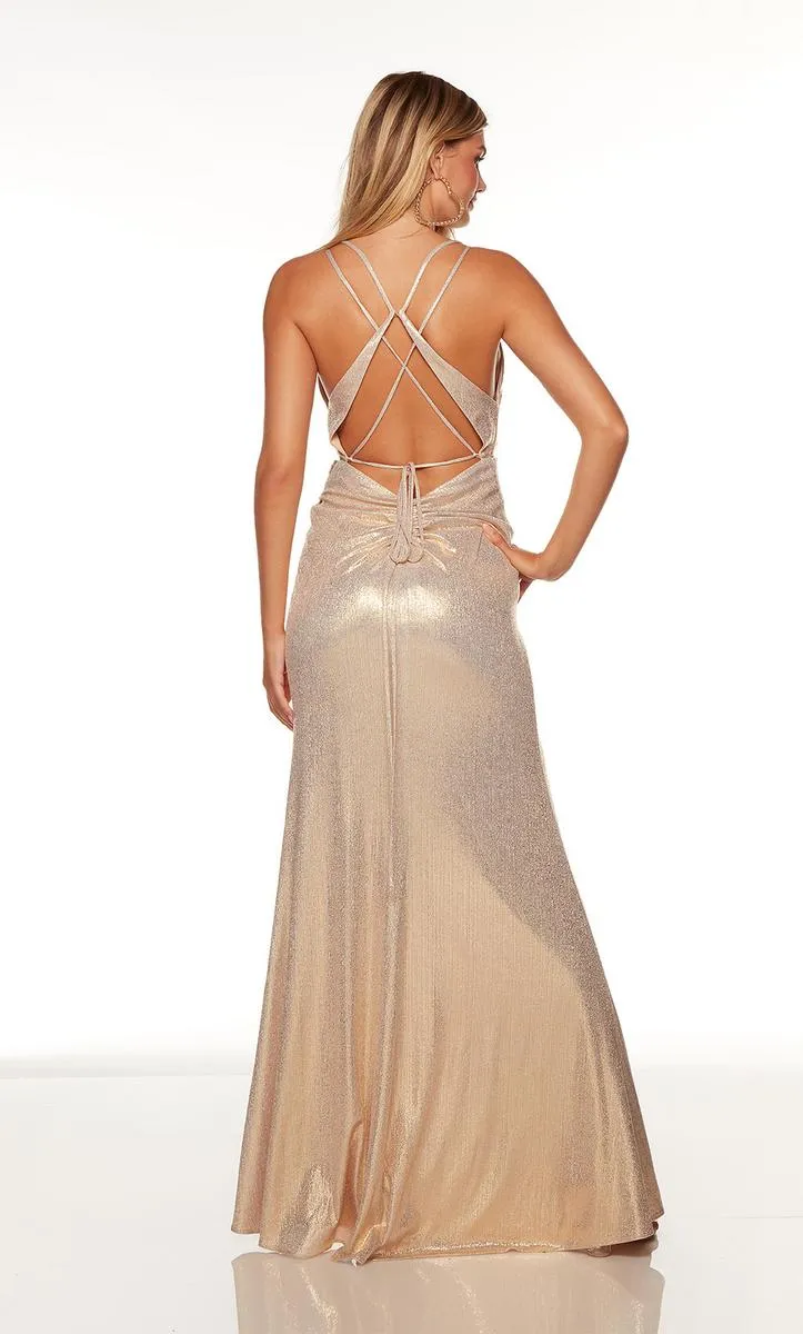 ALYCE Paris 61425 Draped Bodice Metallic Dress with Slit - Emerald or Gold