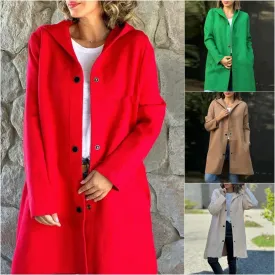 Autumn And Winter New Hooded Long Sleeve Solid Color Woolen Coat