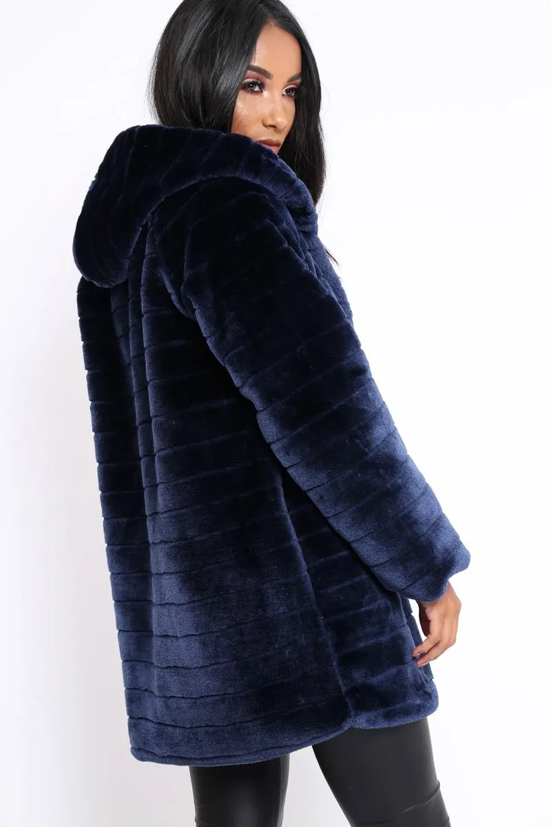 Blue Soft Faux Fur Hooded Coat - Kila