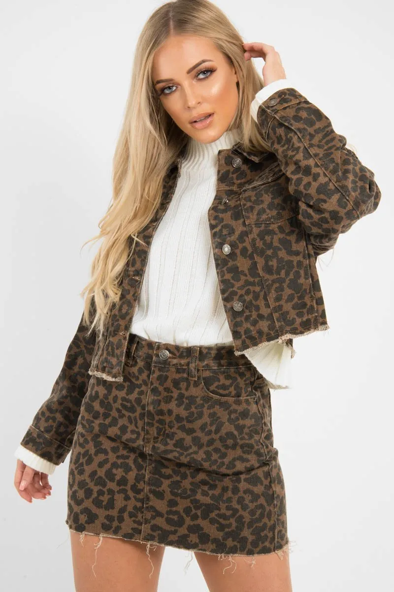 Brown Leopard Print Crop Denim Jacket - Hartlee