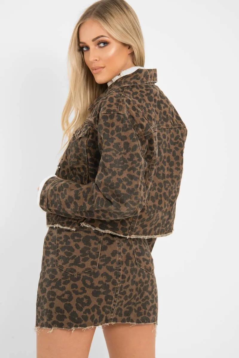 Brown Leopard Print Crop Denim Jacket - Hartlee