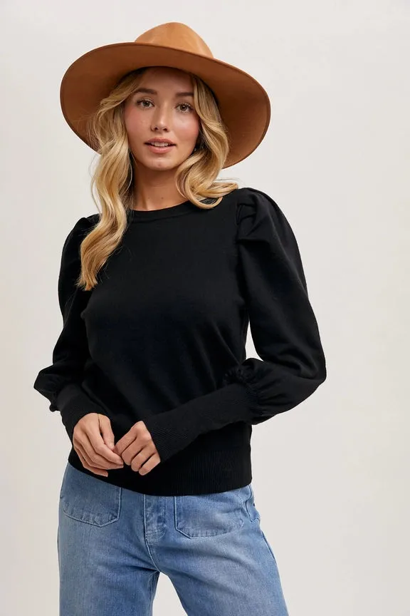 Bubble Sleeved Sweater Knit Top Black