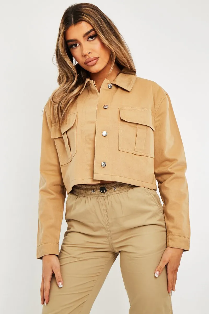 Camel Utility Pocket Cropped Denim Jacket - Elzie