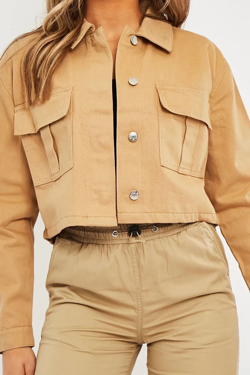 Camel Utility Pocket Cropped Denim Jacket - Elzie