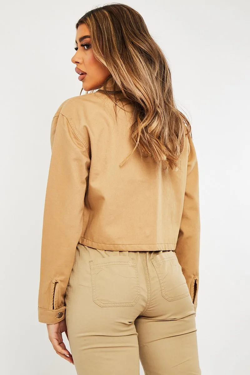 Camel Utility Pocket Cropped Denim Jacket - Elzie