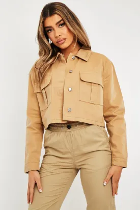 Camel Utility Pocket Cropped Denim Jacket - Elzie