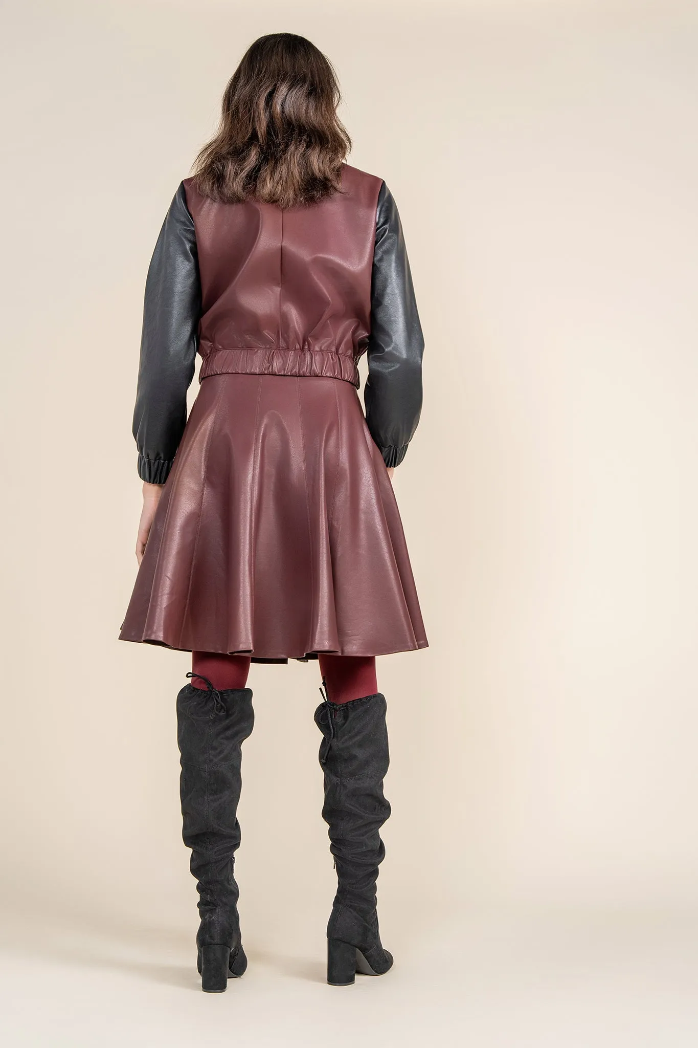 Chloe Leather Panel Skirt in Deep Merlot