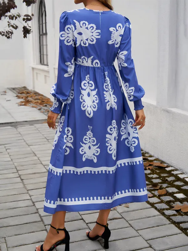 Contrast Color Print Elegant V-Neck Long Sleeve Dress