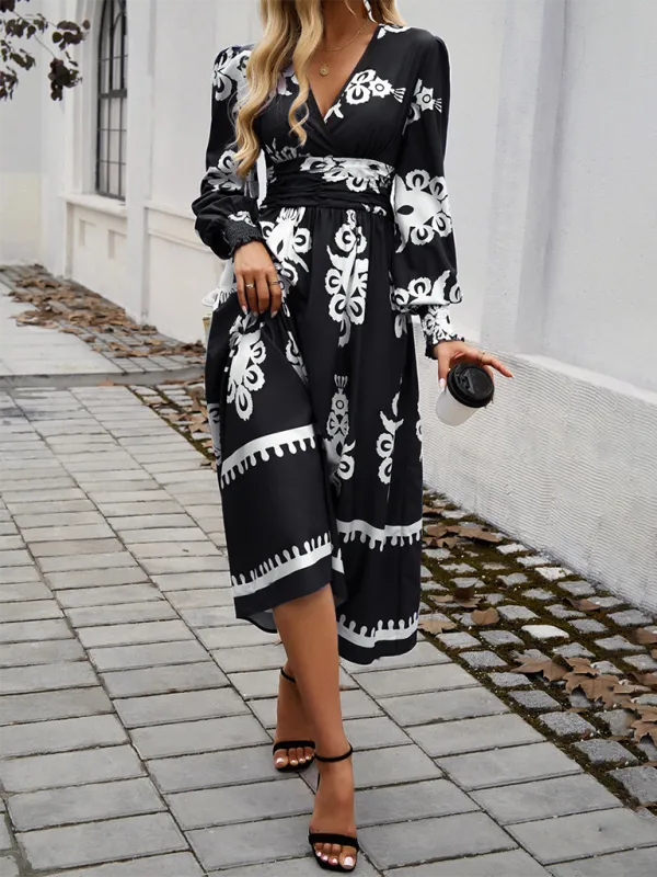 Contrast Color Print Elegant V-Neck Long Sleeve Dress