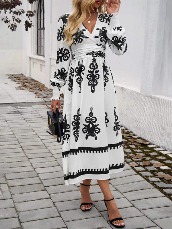 Contrast Color Print Elegant V-Neck Long Sleeve Dress