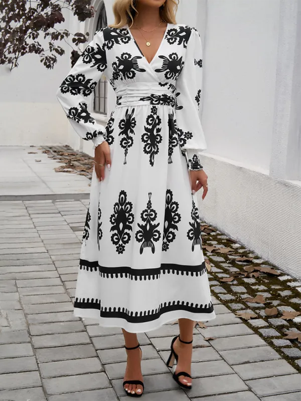 Contrast Color Print Elegant V-Neck Long Sleeve Dress