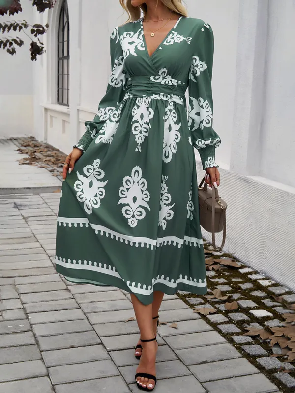 Contrast Color Print Elegant V-Neck Long Sleeve Dress