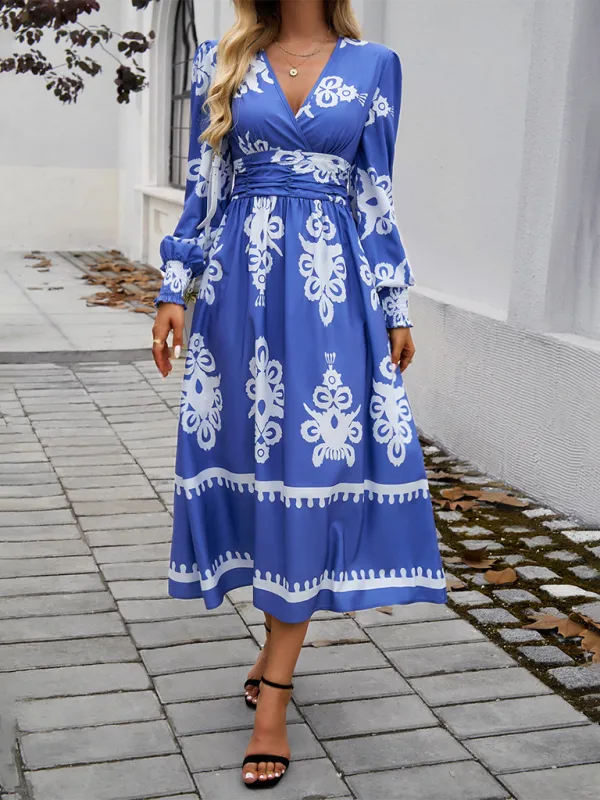 Contrast Color Print Elegant V-Neck Long Sleeve Dress