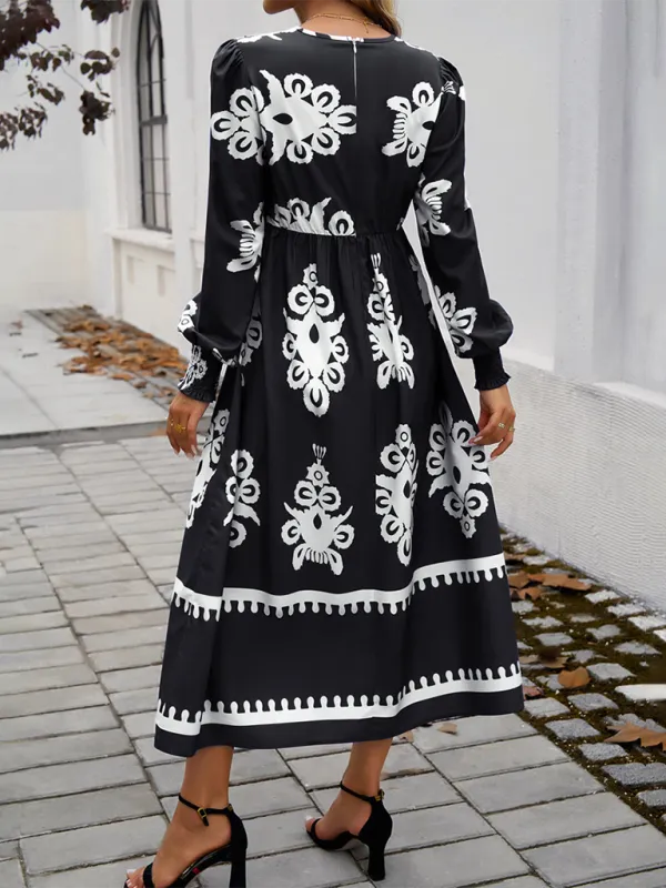 Contrast Color Print Elegant V-Neck Long Sleeve Dress