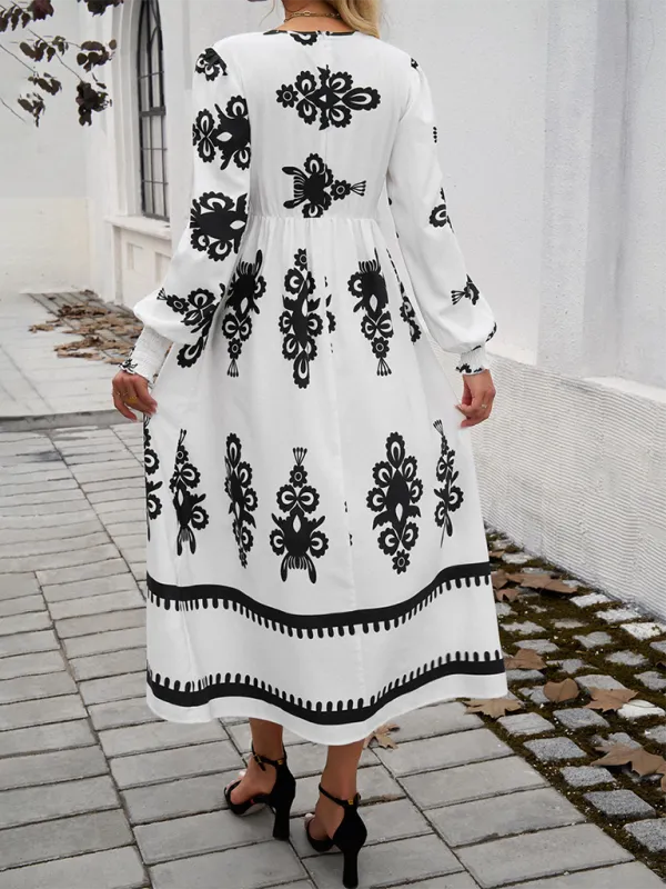 Contrast Color Print Elegant V-Neck Long Sleeve Dress