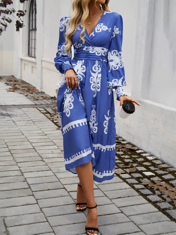 Contrast Color Print Elegant V-Neck Long Sleeve Dress