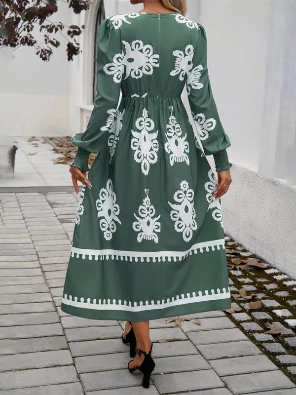 Contrast Color Print Elegant V-Neck Long Sleeve Dress