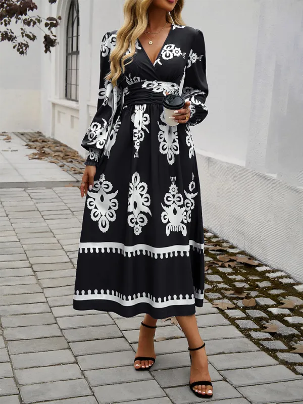 Contrast Color Print Elegant V-Neck Long Sleeve Dress