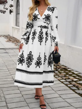 Contrast Color Print Elegant V-Neck Long Sleeve Dress