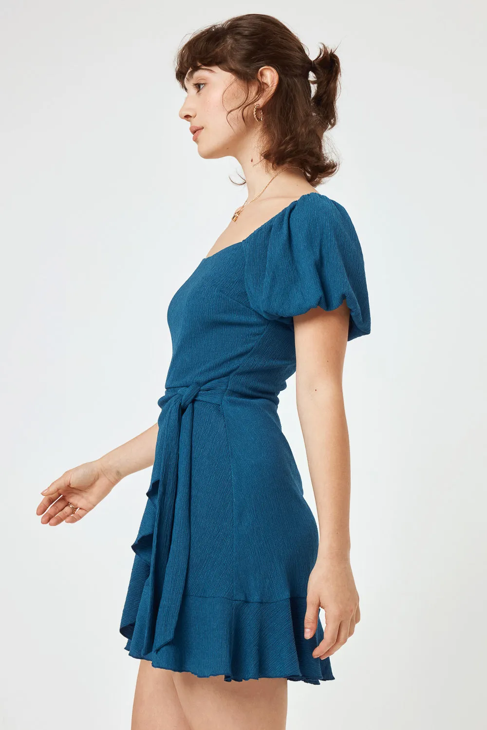 Dark Teal Puff Sleeve Wrap Dress