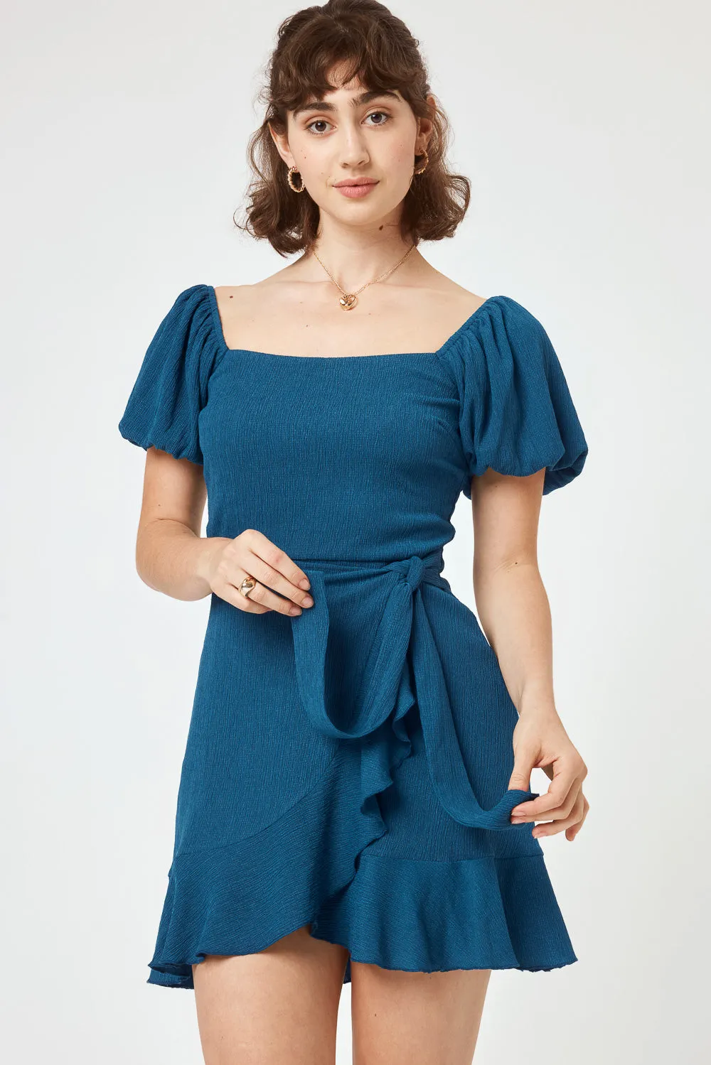 Dark Teal Puff Sleeve Wrap Dress