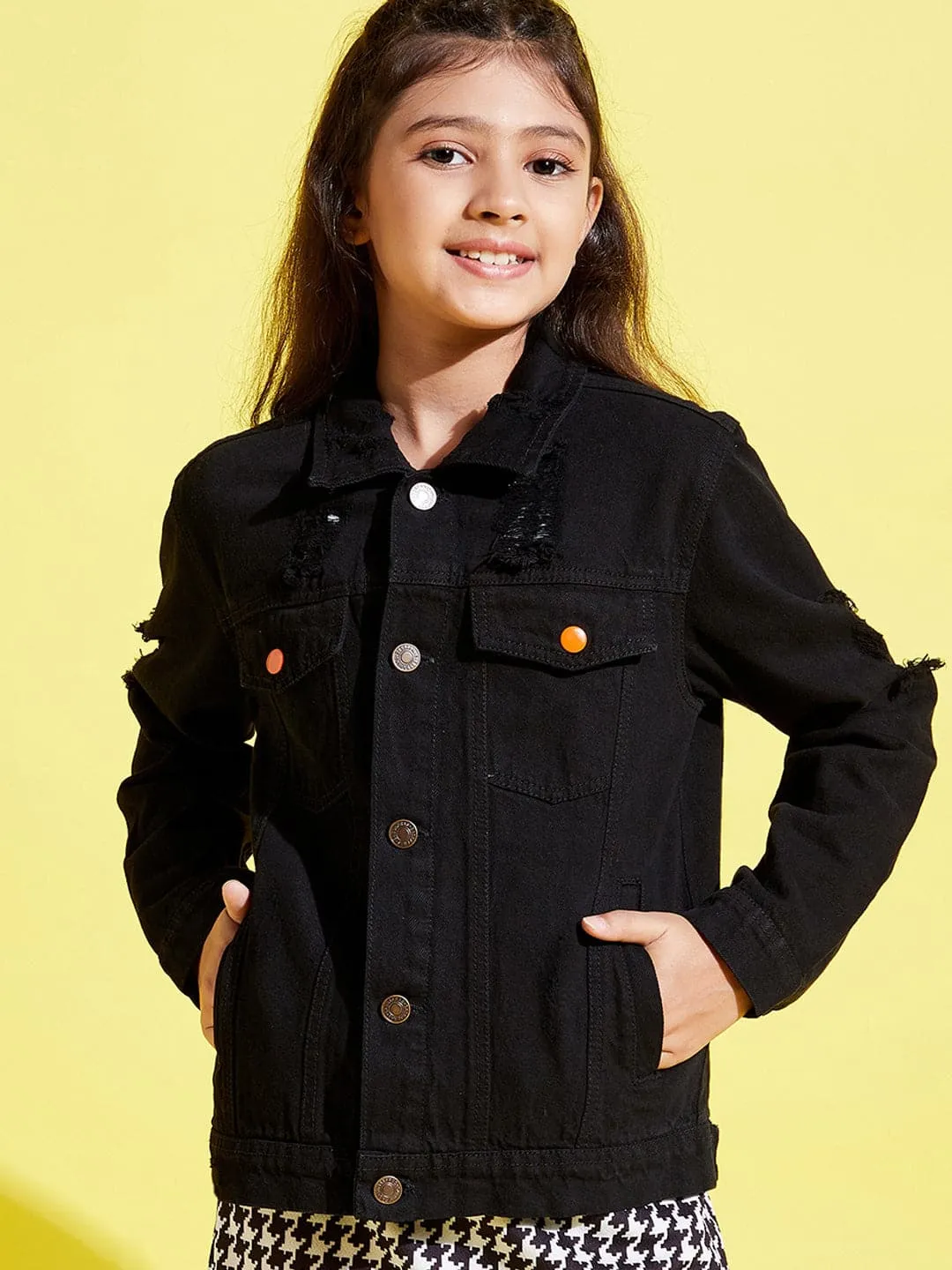 Girls Black Distressed Neon Button Denim Jacket