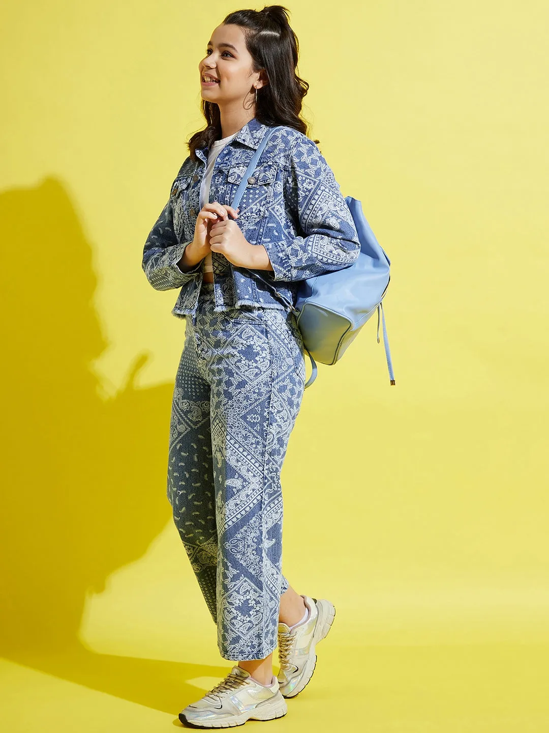 Girls Blue Denim Paisley Print Jacket