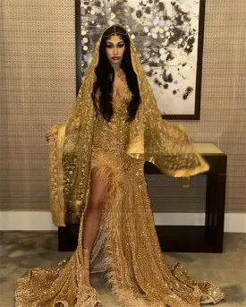 Gold Prom Dresses Long Sparkly,Split Formal Dress