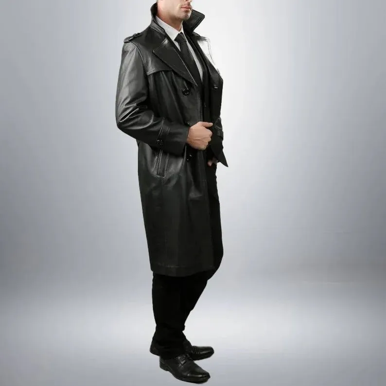 Handmade Full-Length Black Sheepskin Leather Trench Coat