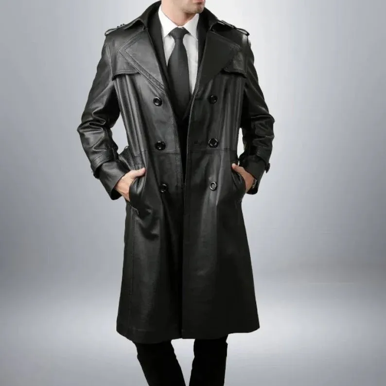 Handmade Full-Length Black Sheepskin Leather Trench Coat