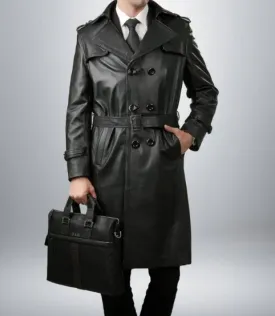 Handmade Full-Length Black Sheepskin Leather Trench Coat