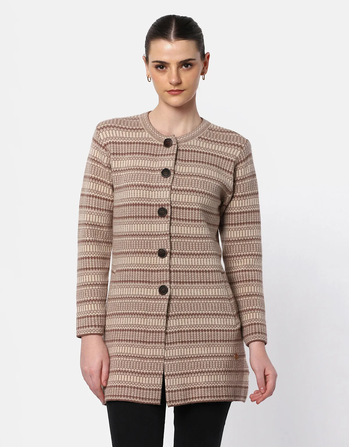 Knitted Round Neck Long Coat With Front Buttons