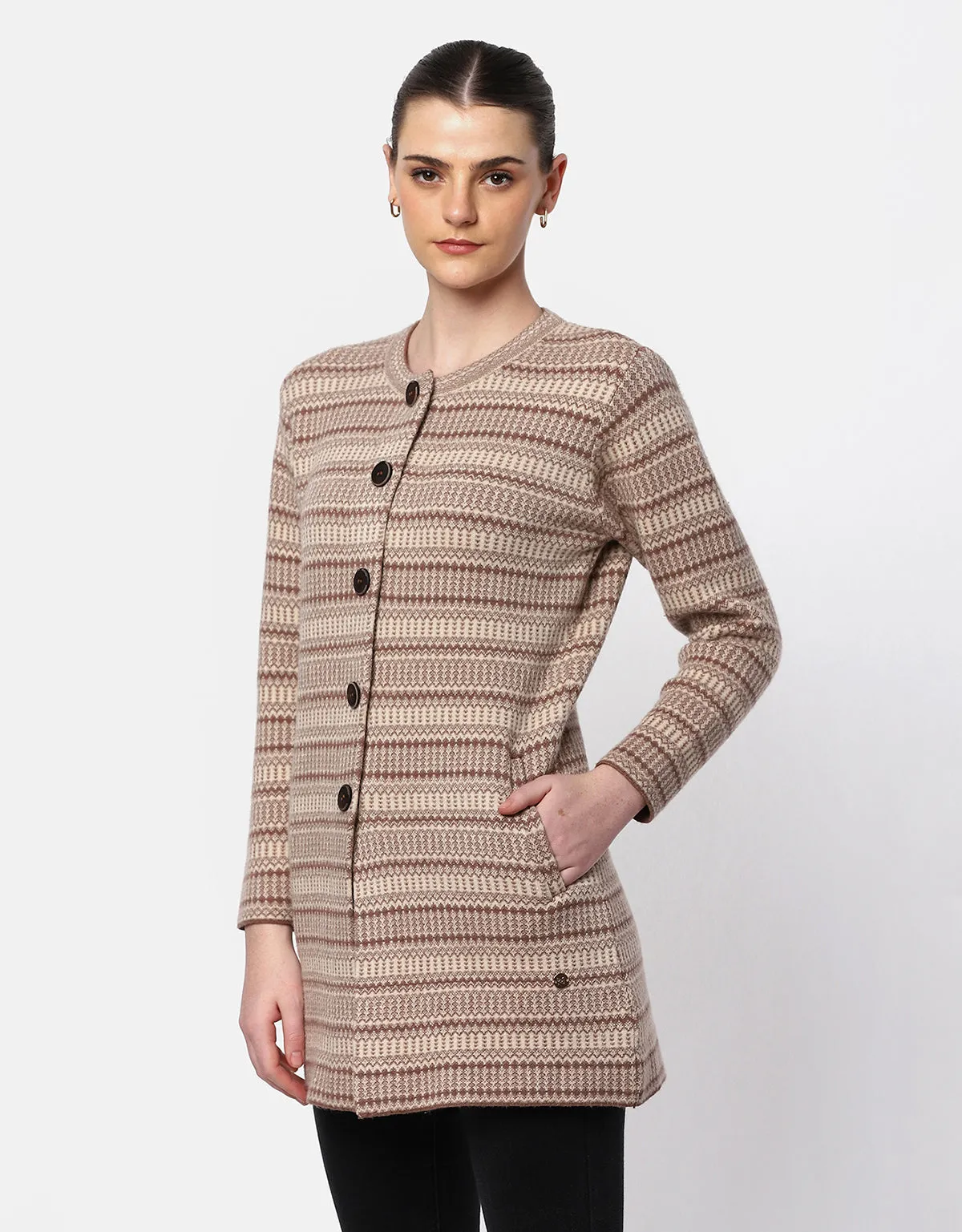 Knitted Round Neck Long Coat With Front Buttons