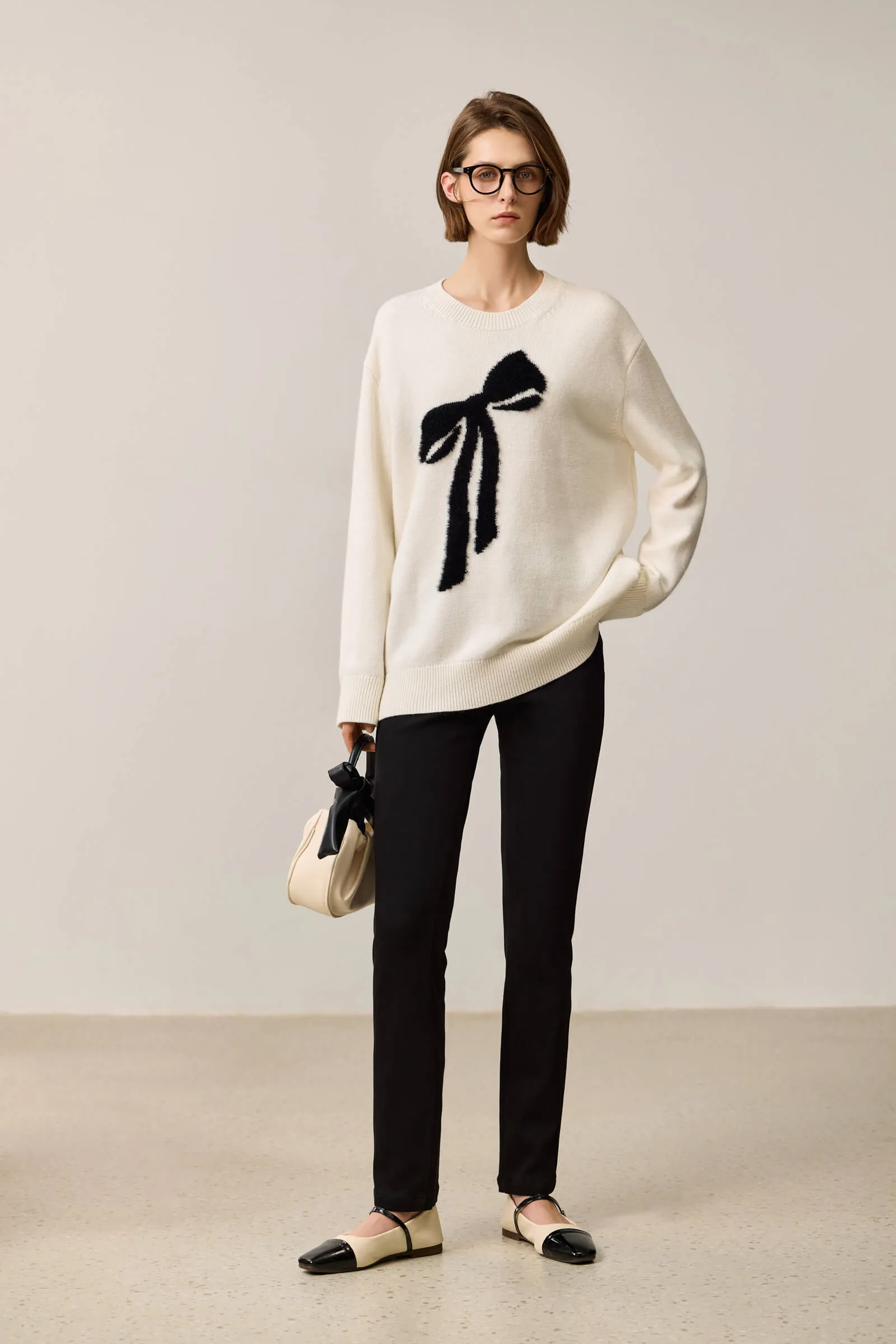 LILY Soft Color-Block Fleece-Like Bow Sweater