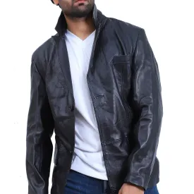 Mens 2 Button Black Leather Coat