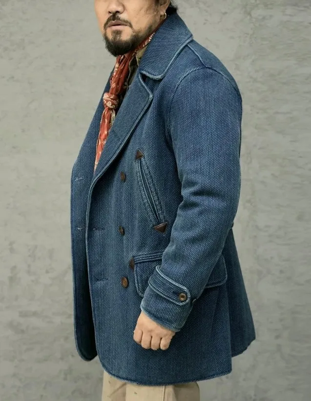 Men's Indigo Double Breasted Sashiko Pea Coat