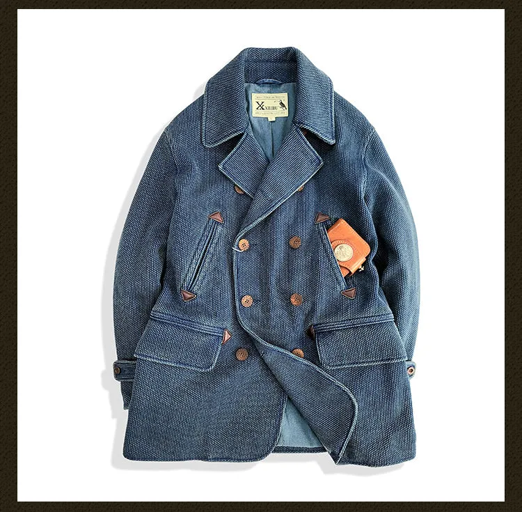 Men's Indigo Double Breasted Sashiko Pea Coat