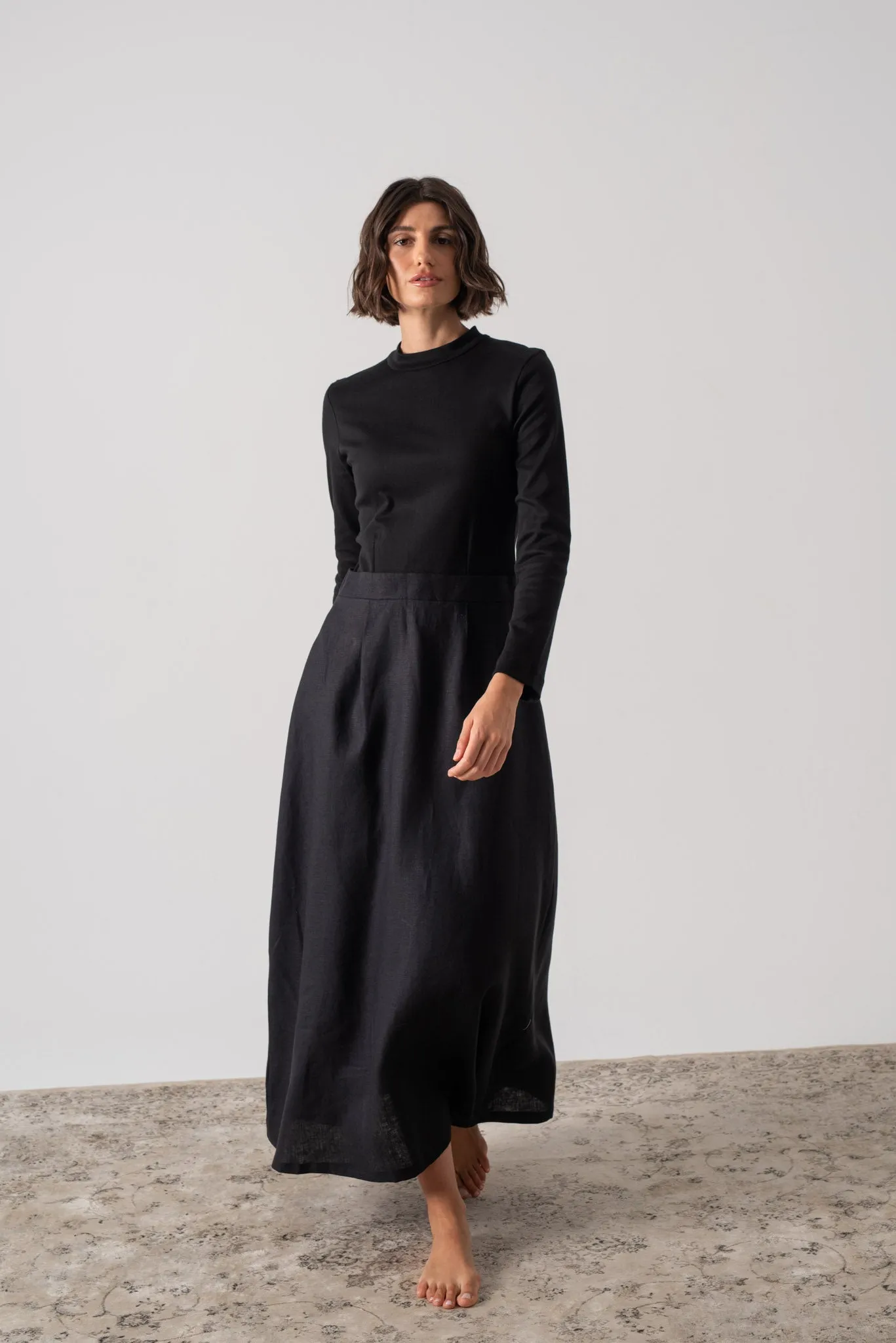 Mêlée Contrast Linen Midi Dress Black