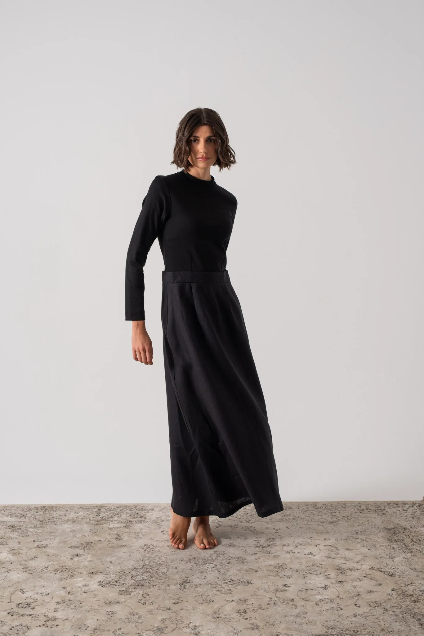 Mêlée Contrast Linen Midi Dress Black