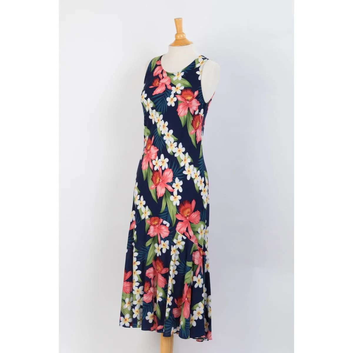 Navy Blue Orchid Floral Print Dress, Blue