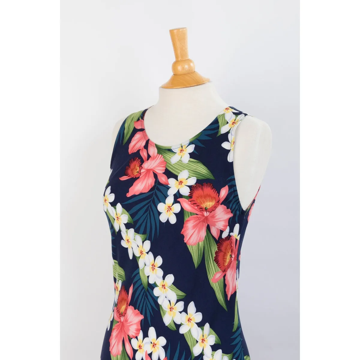 Navy Blue Orchid Floral Print Dress, Blue