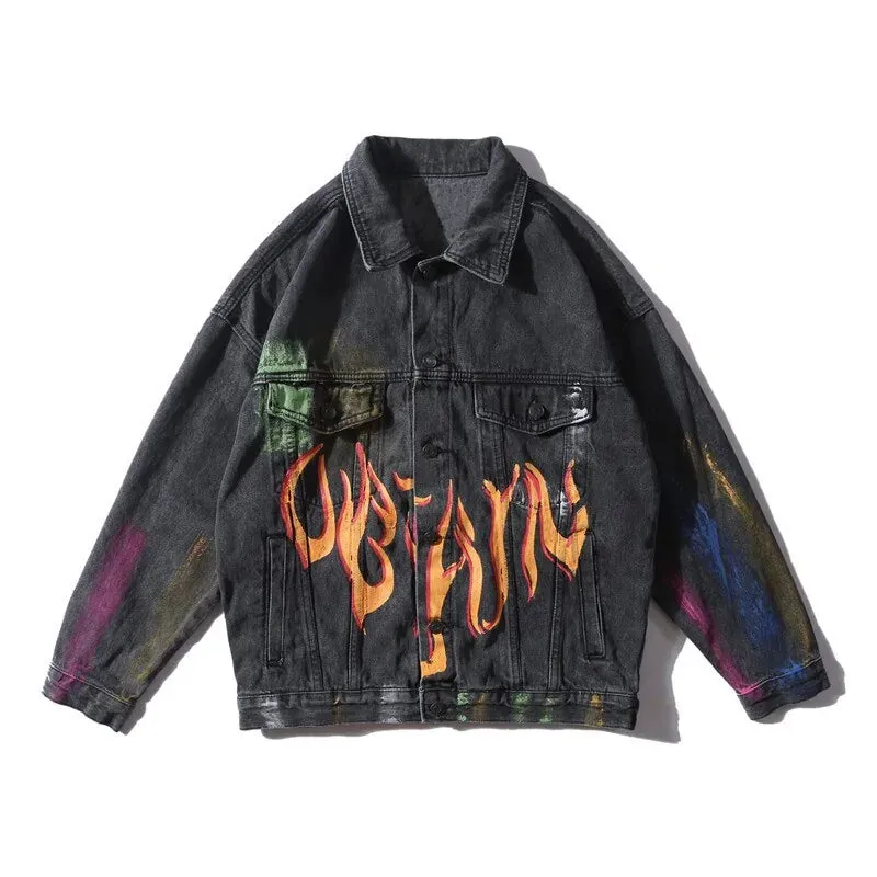 Rainbow Graffiti Fire Flame Print Denim Jacket