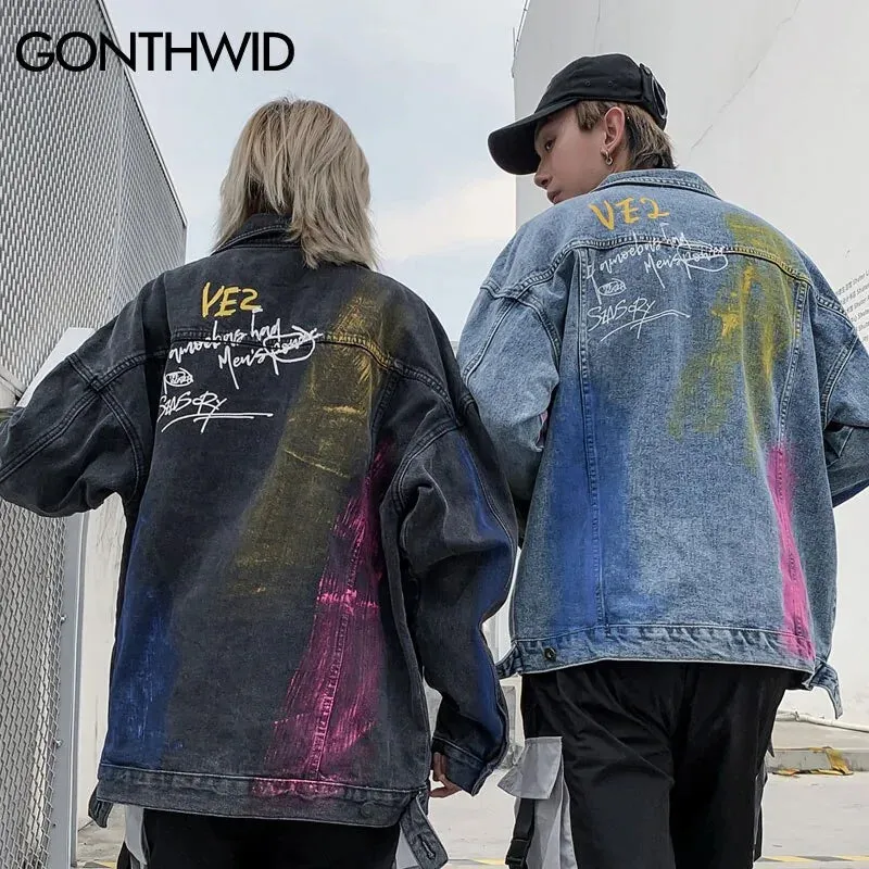 Rainbow Graffiti Fire Flame Print Denim Jacket