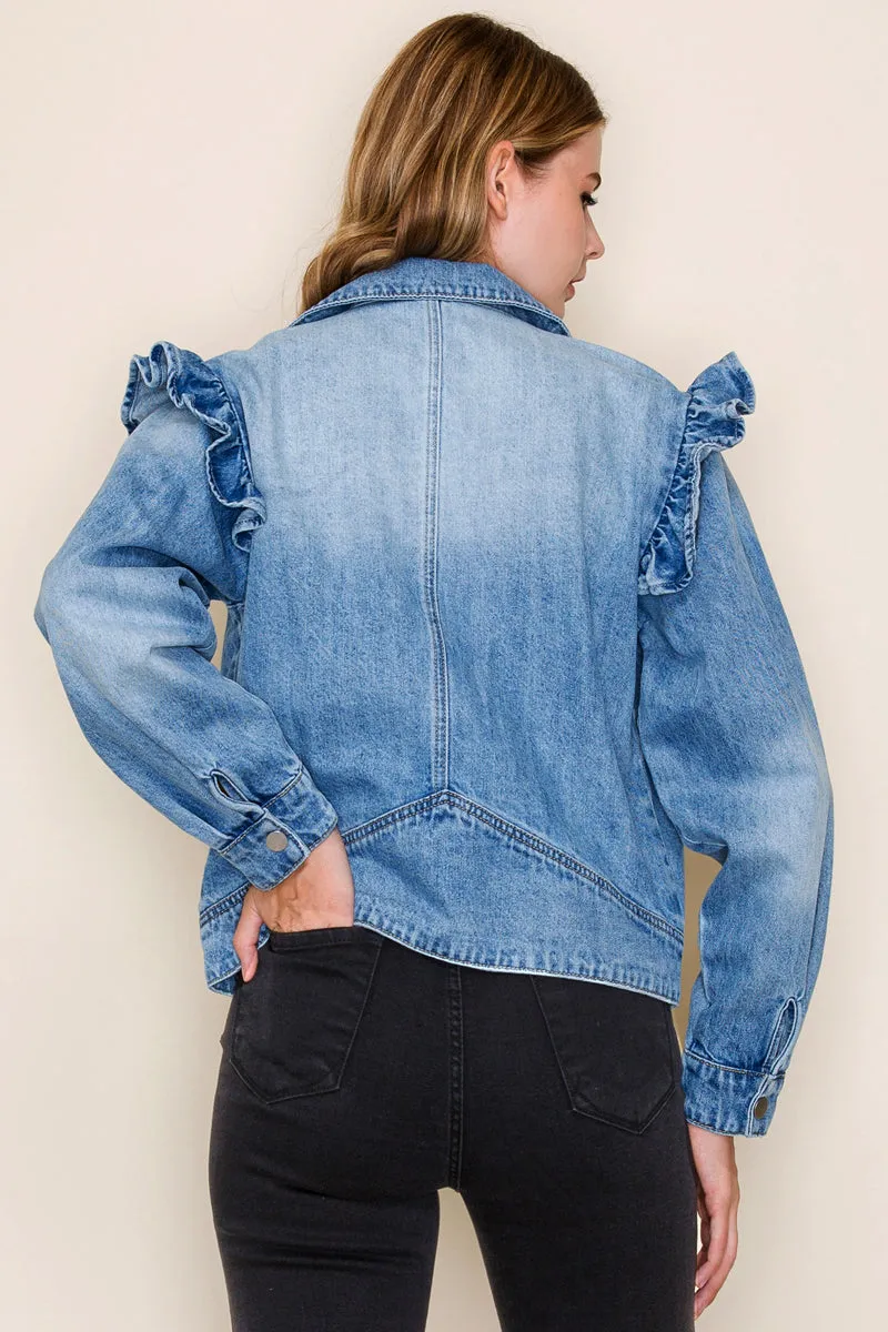 RUFFLE SLEEVE DENIM MOTO JACKET