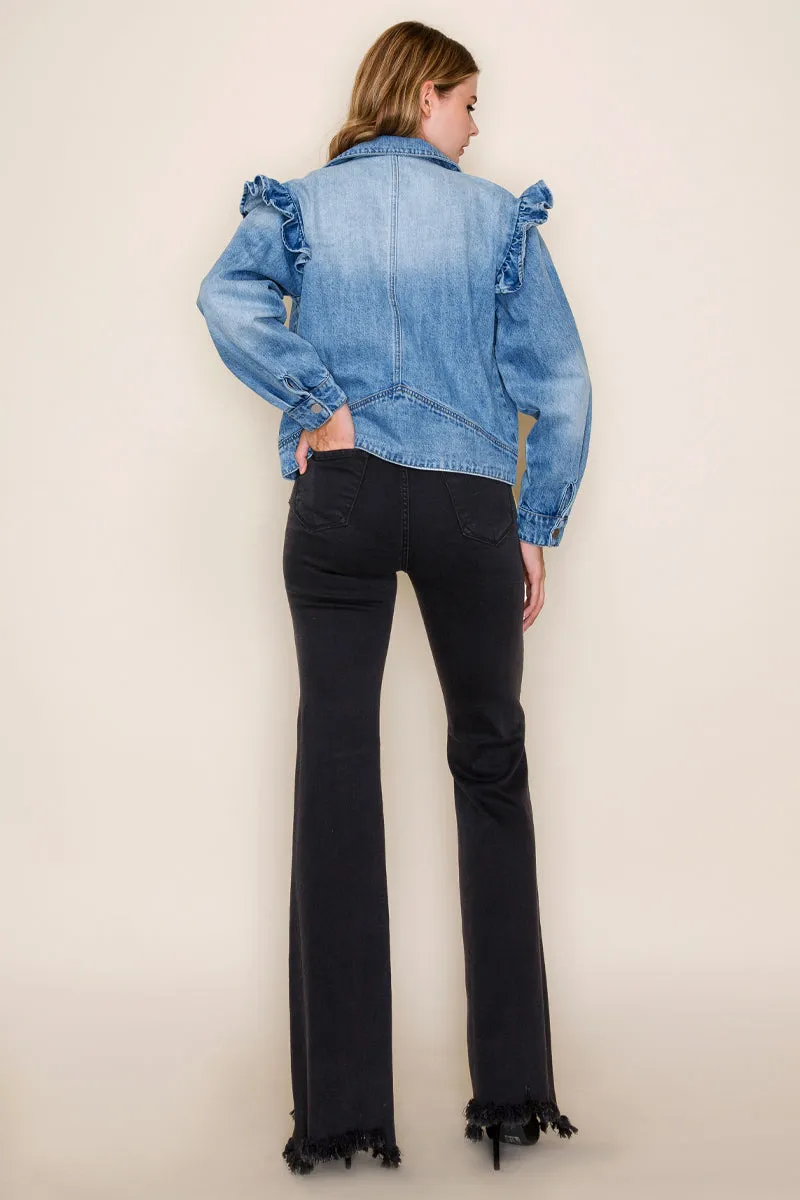 RUFFLE SLEEVE DENIM MOTO JACKET