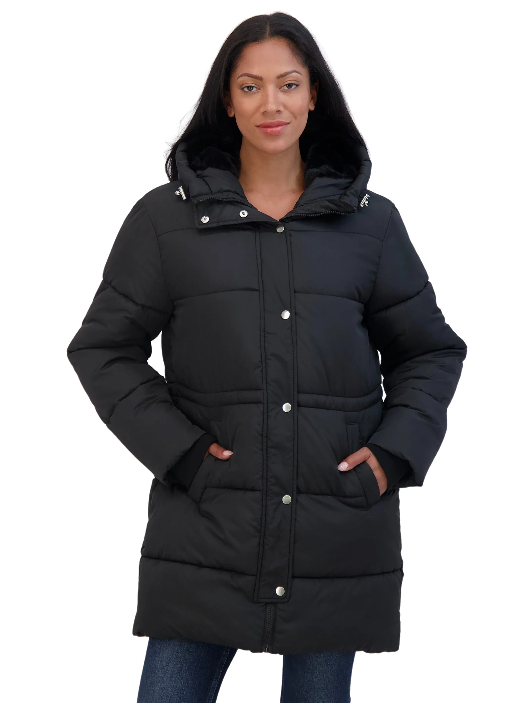 Sebby Collection Women's 3/4 Cozy Lined Hooded Puffer Coat With Drawstring Waist