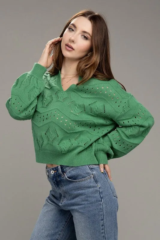 TEEK - Green Hole-Knit Collared Sweater