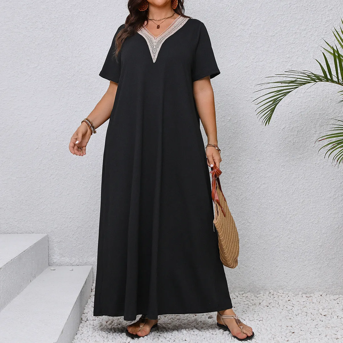 V Neck Slimming Maxi Black Dress